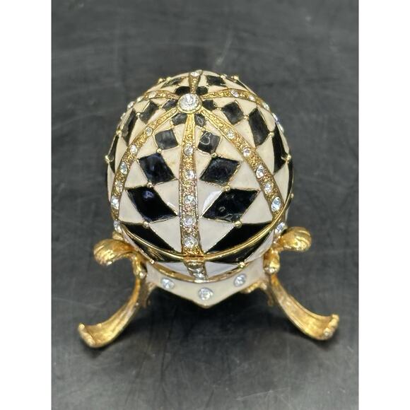 Harlequin Enameled Trinket Box Egg Shaped Black White Crystals w/ Stand - Picture 3 of 10
